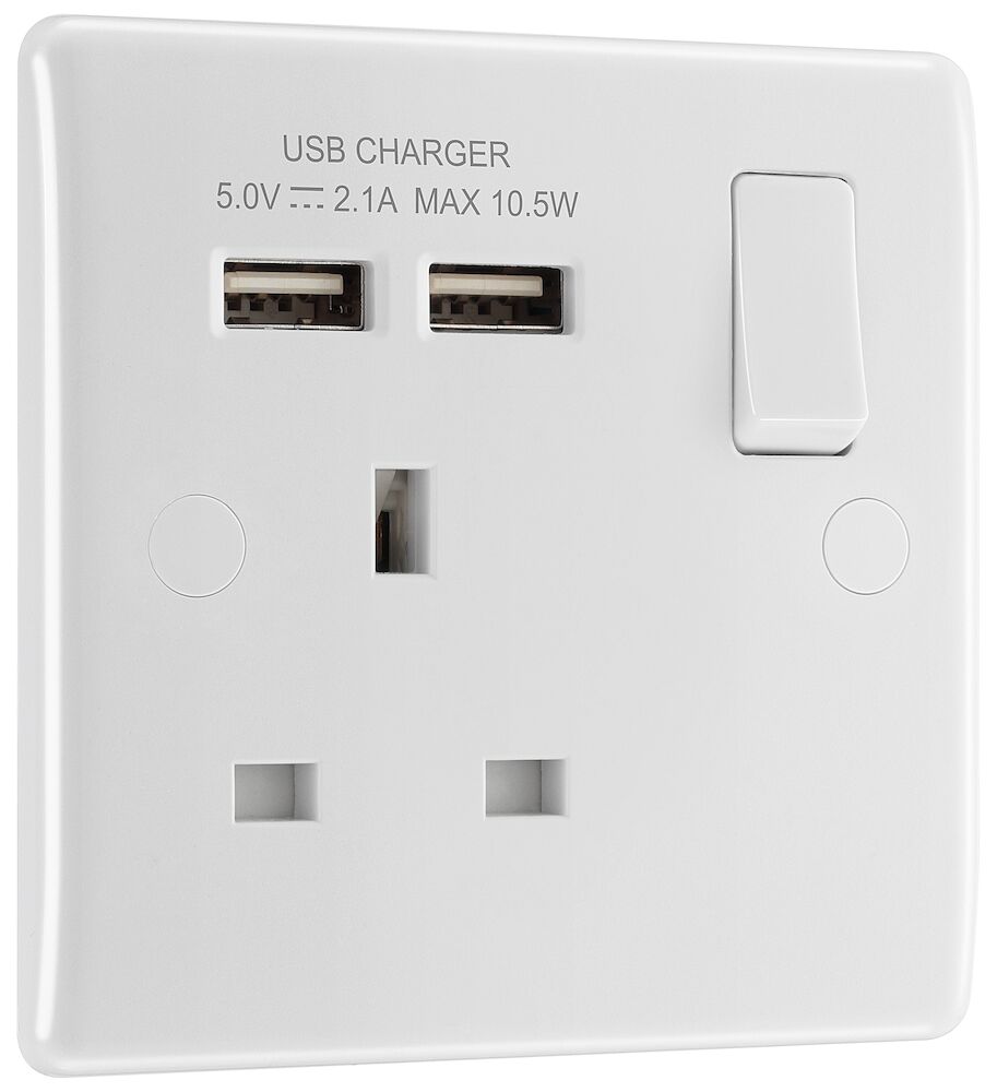 BG Nexus 13A 1 Gang Single Round Edge Switched Socket With 2 x USB A Ports (2.1A) White