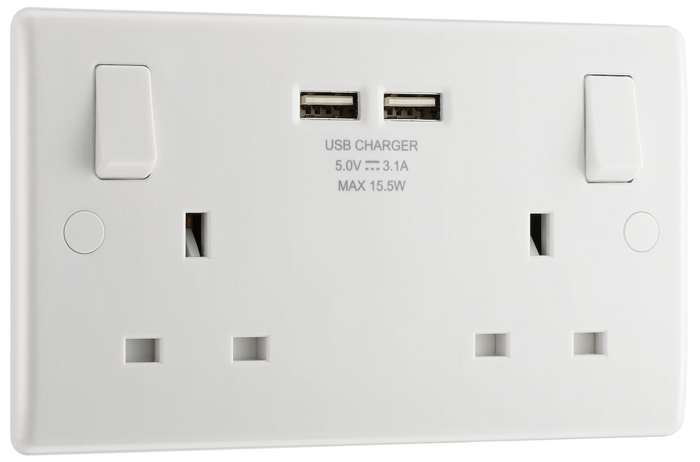 BG Nexus 13A 1 Gang Double Round Edge Switched Socket With 2 x USB A Ports (3.1A) White