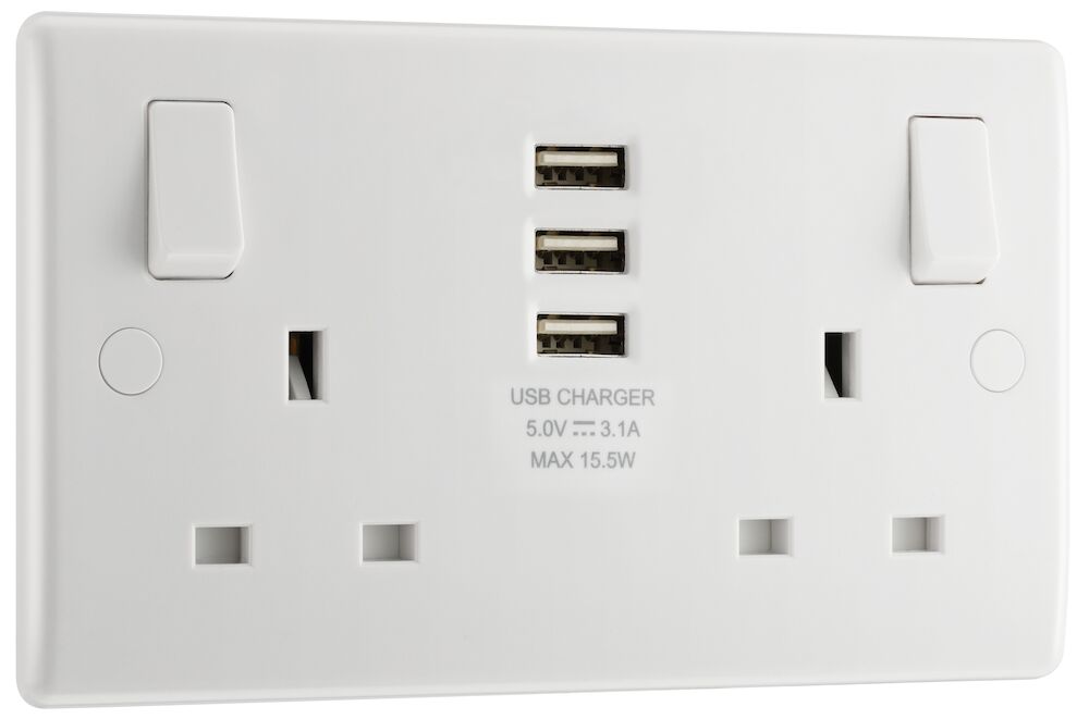 BG Nexus 13A 2 Gang Double Round Edge Switched Socket With 3 x USB A Ports (3.1A) White