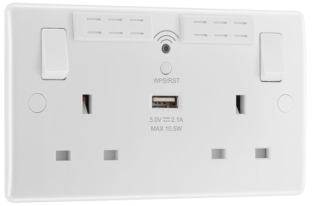 BG Nexus 13A 2 Gang Double Round Edge Switched Socket With 1 x USB A Port (2.1A) and 2.4Ghz Wifi Extender White