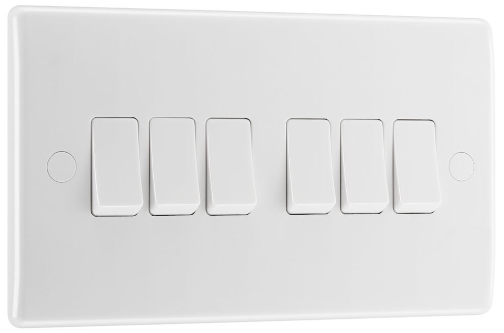 BG Nexus 20A 16AX 6 Gang 2 Way Round Edge Switch White