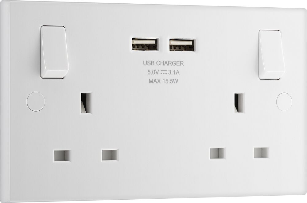 BG 2 Gang 13A Square Edge Double Socket With 2 USB Ports (3.1A) White