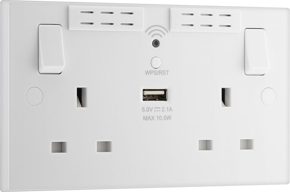 BG 2 Gang 13A Double Socket Wi-Fi Range Extender With USB Port (2.1A) White