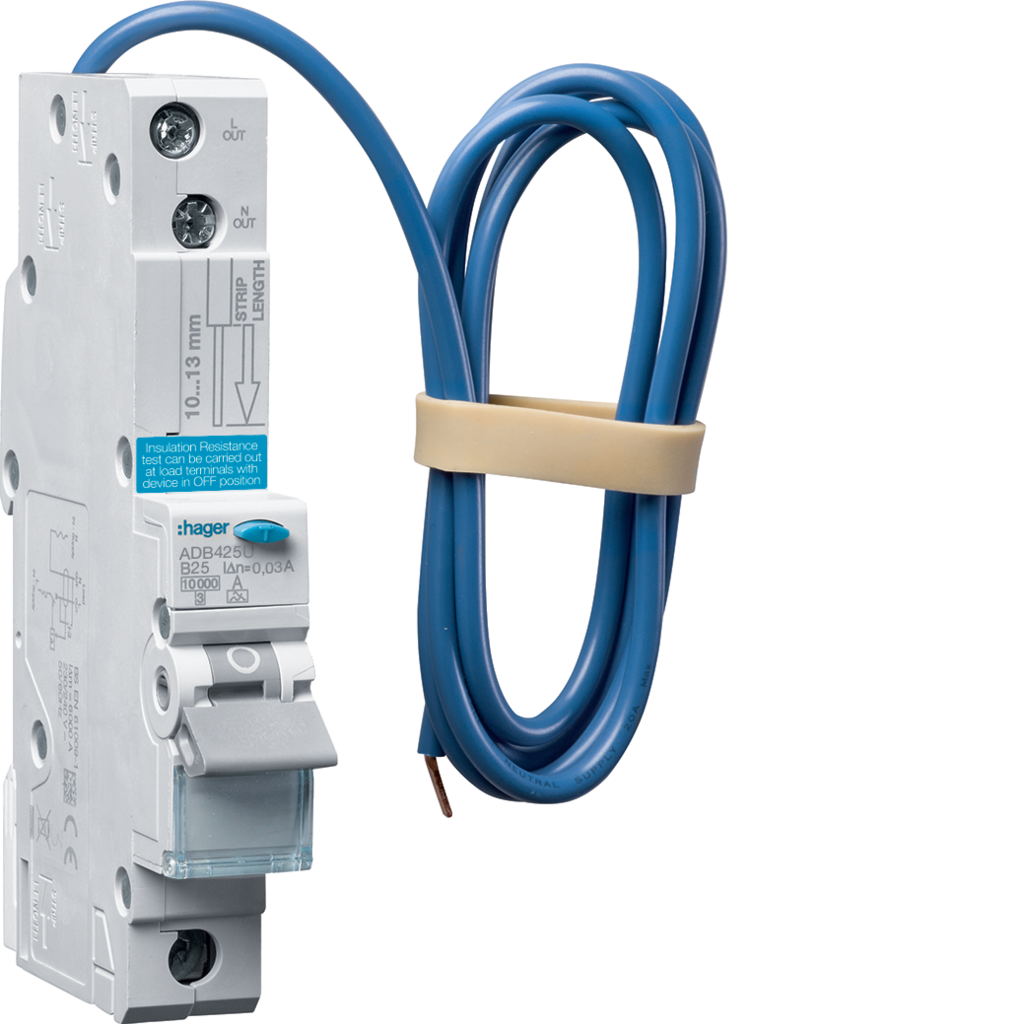 Hager 25A SP 10kA 30mA B Curve Type A RCBO