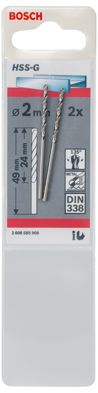 Bosch HSS Drill Bit 2.0mm x 49mm (Pack of 2)
