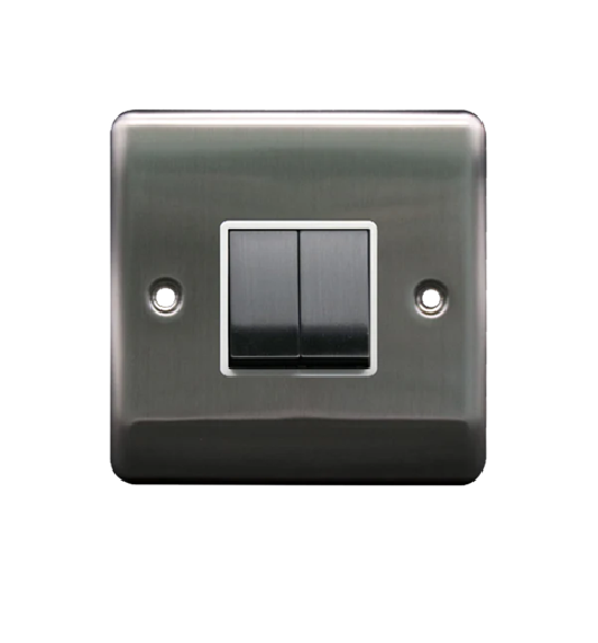 Thrion 2 Gang 2 Way 10AX Switch Brushed Chrome White insert