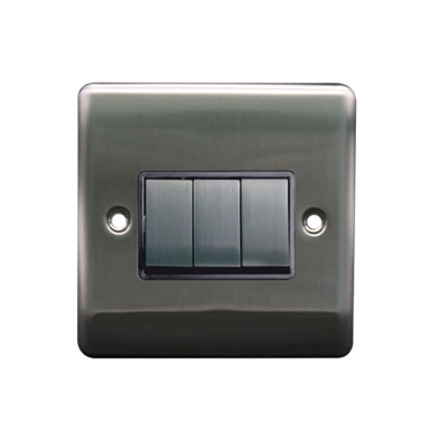 Thrion 10AX 3 Gang 2 Way Switch Brushed Chrome with Grey Insert