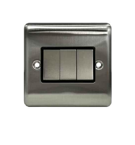 Thrion 10AX 3 Gang 2 Way Switch Brushed Chrome with Black Insert