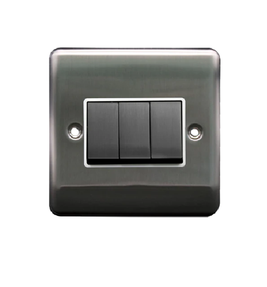 Thrion 10AX 3 Gang 2 Way Switch Brushed Chrome with White Insert