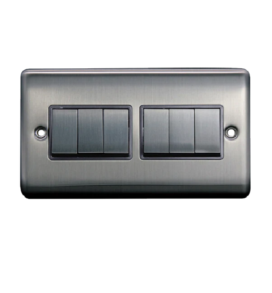 Thrion 10AX 6 Gang 2 Way Switch Brushed Chrome with Grey Insert