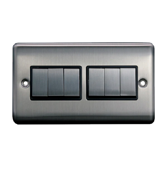 Thrion 10AX 6 Gang 2 Way Switch Brushed Chrome with Black Insert