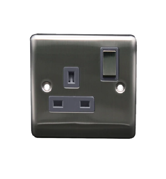 Thrion 13A 1 Gang DP Switched Socket Brushed Chrome With Grey Insert