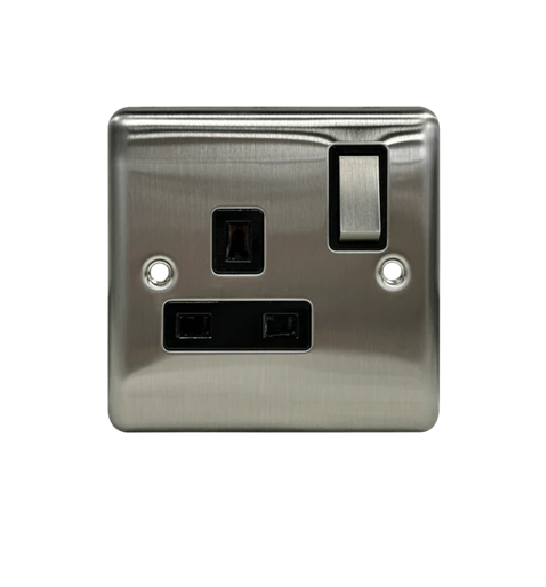 Thrion 13A 1 Gang DP Switched Socket Brushed Chrome With Black Insert