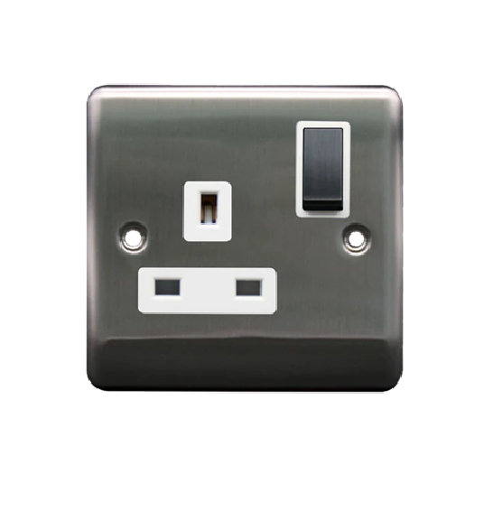 Thrion 13A 1 Gang DP Switched Socket Brushed Chrome With White Insert