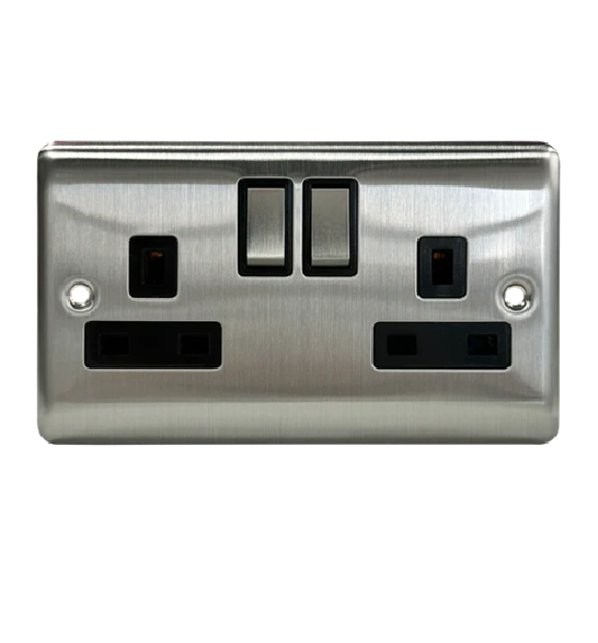 Thrion 13A 2 Gang DP Switched Socket Brushed Chrome With Black Insert