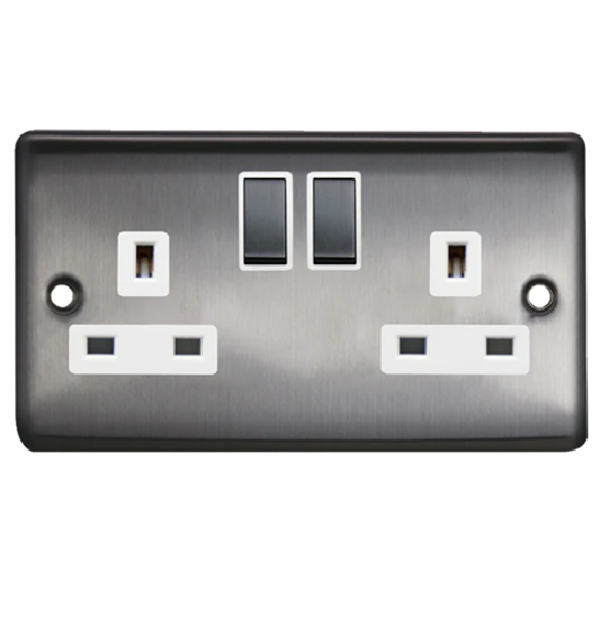 Thrion 13A 2 Gang DP Switched Socket Brushed Chrome With White Insert