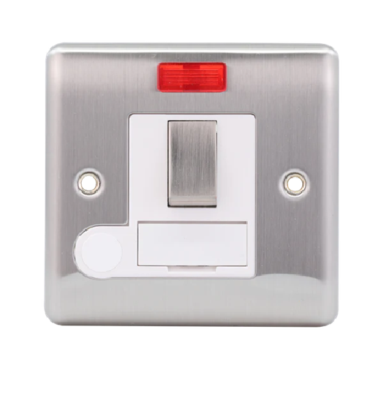 Thrion 13A Single Switched Fused Spur With Neon & Flex Outlet Brushed Chrome With White Insert