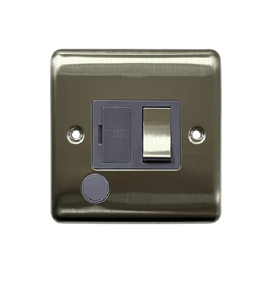 Thrion 13A Switched Fused Spur with Flex Outlet Brushed Chrome with Grey Insert