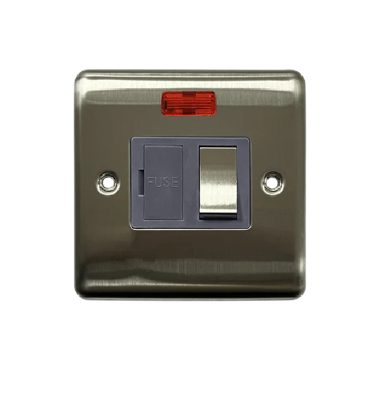 Thrion 13A Single Switched Fused Spur With Neon Brushed Chrome With Grey Insert