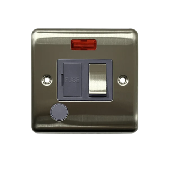 Thrion 13A 1 Gang Single Switched Fused Spur With Neon & Flex Outlet Brushed Chrome With Grey Insert