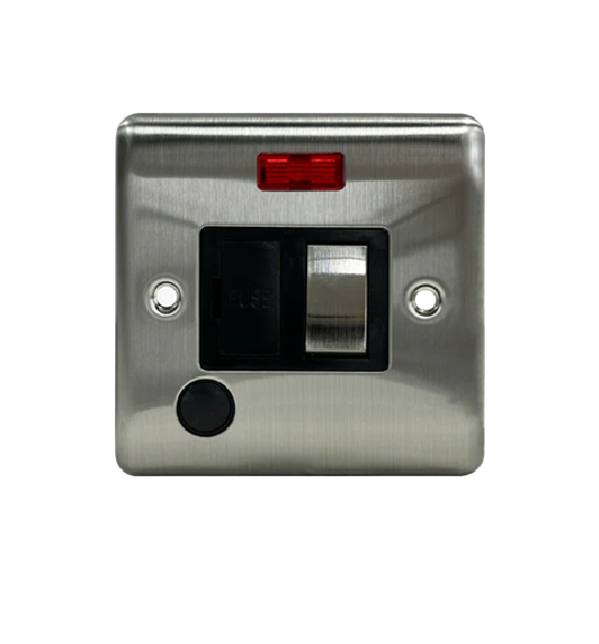 Thrion 13A 1 Gang Single Switched Fused Spur With Neon And Flex Outlet Brushed Chrome With Black Insert
