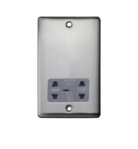 Thrion 20A 230/115V Shaver Socket Brushed Chrome with Grey Insert