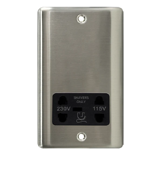 Thrion 20A 230/115V Shaver Socket Brushed Chrome with Black Insert