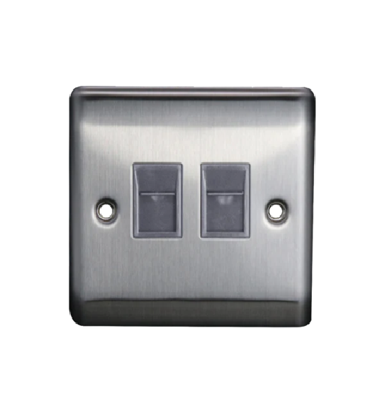 Thrion 2 Gang RJ45 Cat 5E Socket Brushed Chrome with Grey Insert