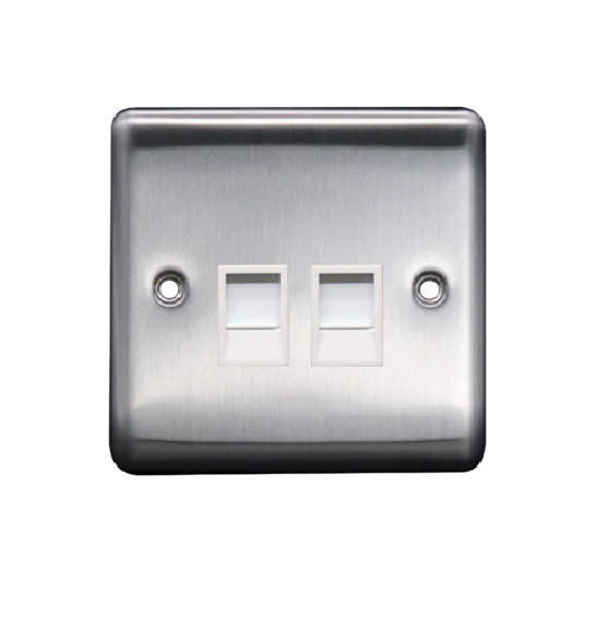 Thrion 2 Gang RJ45 Cat 5E Socket Brushed Chrome with White Insert
