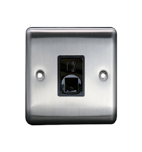 Thrion 1 Gang RJ11 Telephone Socket  Brushed Chrome With Grey Insert