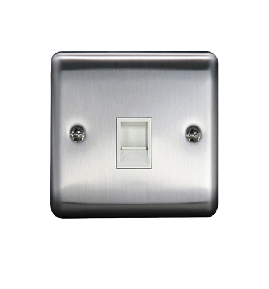 Thrion 1 Gang Telephone Socket American/Irish RJ11 Brush Chrome With White Insert