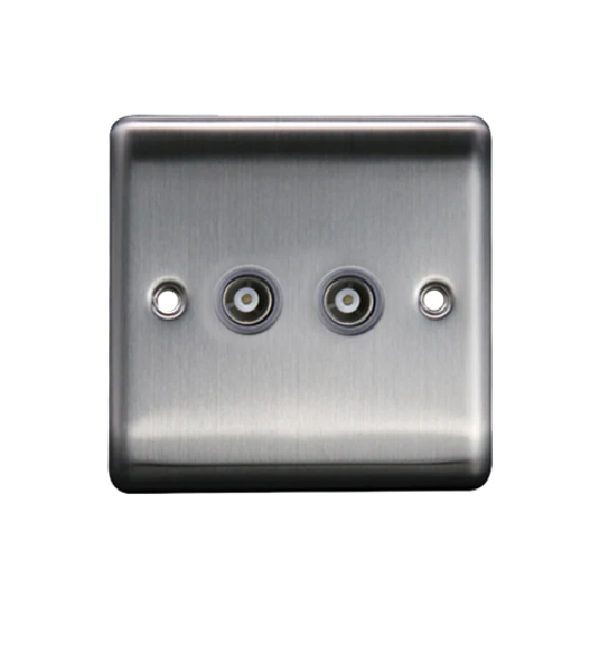 Thrion 2 Gang Coaxial Socket Brushed Chrome with Grey Insert