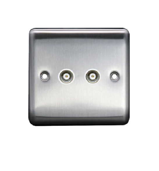 Thrion 2 Gang Coaxial Socket Brushed Chrome with White Insert