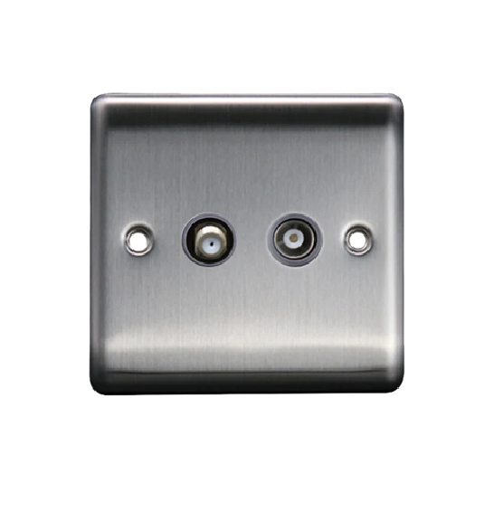 Thrion 1 Gang Satellite & Coaxial Socket Brushed Chrome with Grey Insert