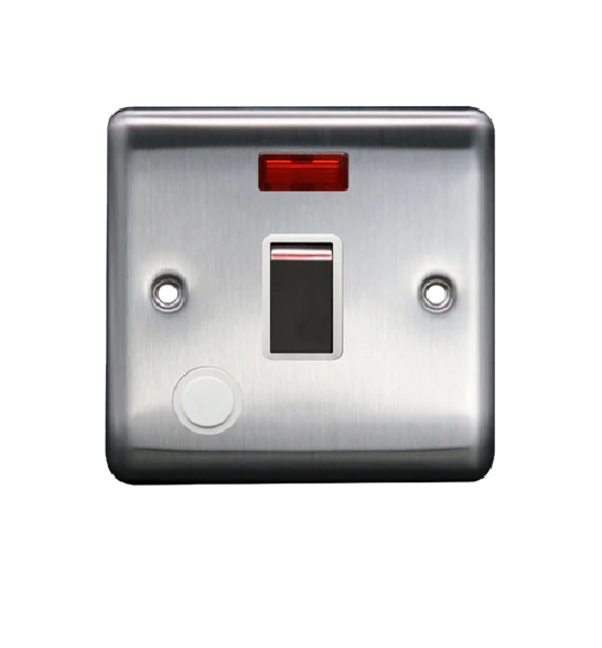 Thrion 20A DP Switch With Neon & Flex Outlet Brushed Chrome With White Insert