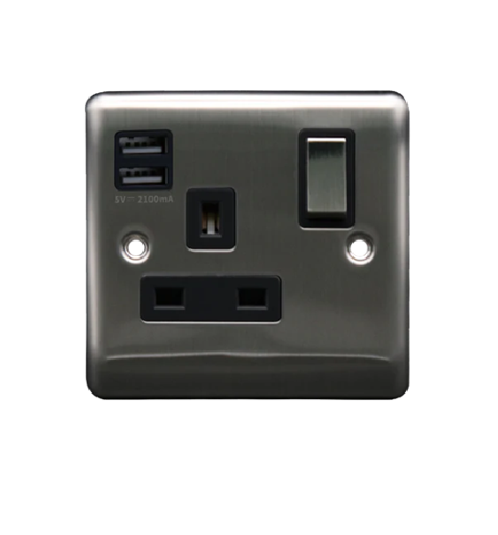 Thrion 13A 1 Gang SP Switched Socket With 2 USB Outlets (2.1A) Brushed Chrome With Black Insert