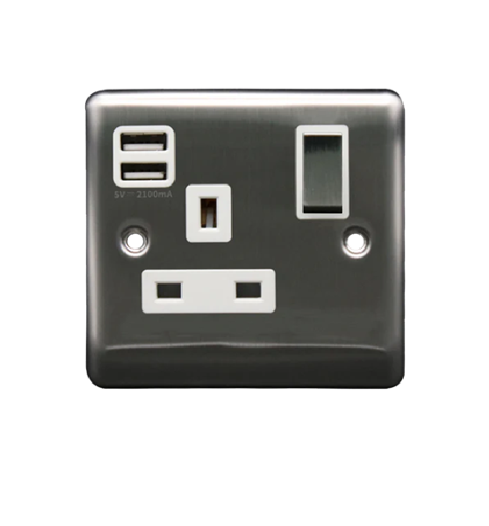 Thrion 13A 1 Gang SP Switched Socket With  2 USB Outlets (2.1A) Brushed Chrome With White Inserts 