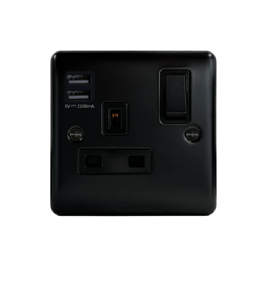 Thrion 13A 1 Gang SP Switched Socket With 2 USB Outlets (2.1A) Matt Black 