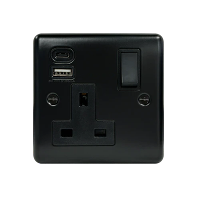 Thrion 13A 1 Gang SP Switched Socket With 2 USB A+C Outlets (2.1A) Matt Black 