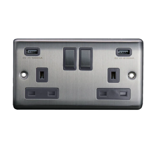Thrion 13A  Gang SP Switched Socket With 2 USB Outlets (3.1A) Brushed Chrome Grey Insert