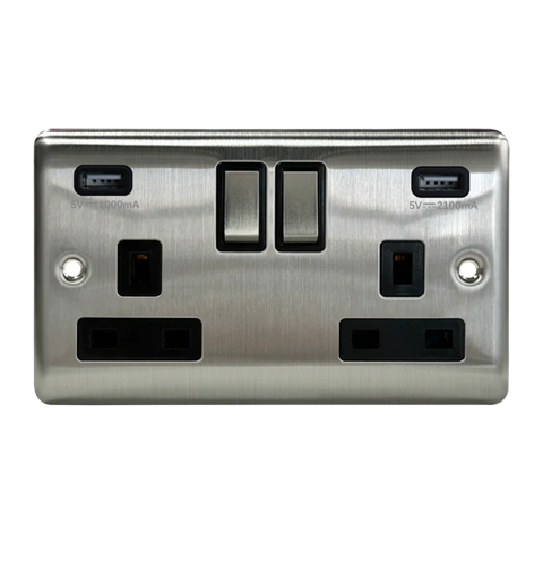 Thrion 13A 2 Gang SP Switched Socket With 2 USB Outlets (3.1A) Brushed Chrome Black Insert