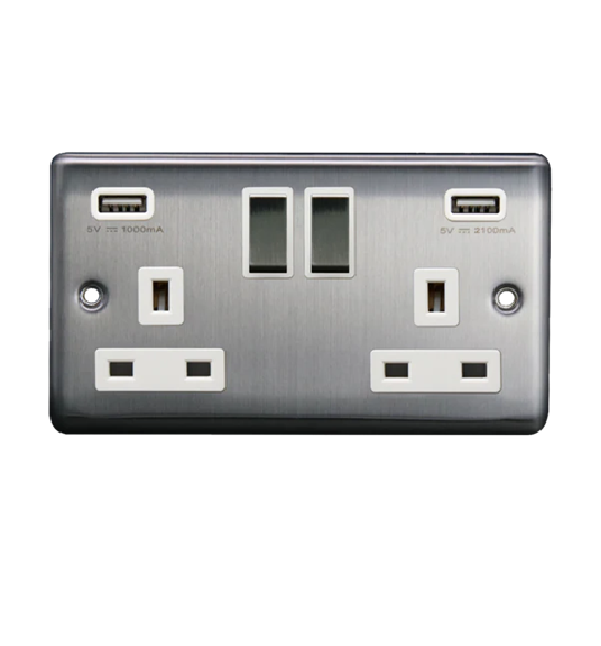 Thrion 13A 2 Gang SP Sw Socket With 2 USB Outlets (3.1A) Brushed Chrome White Inserts 