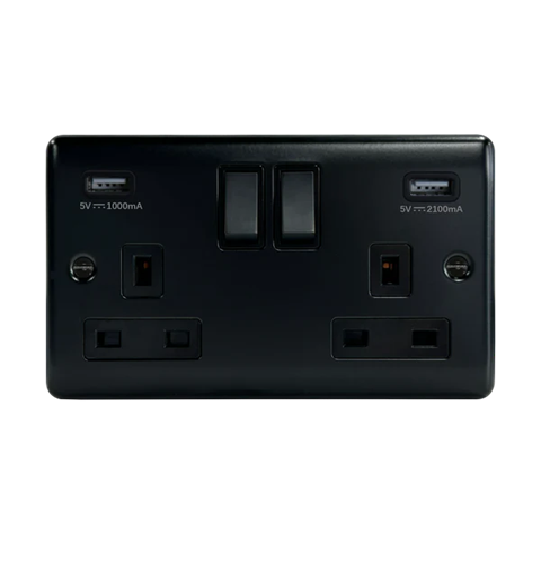 Thrion 13A 2 Gang SP Switched Socket With 2 USB Outlets (3.1A) Matt Black