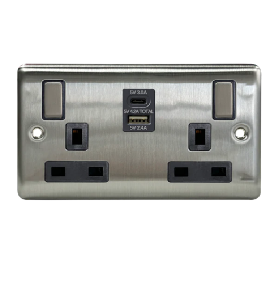 Thrion 13A 2 Gang Switched Socket with 1xUSB A & C Outlets Brushed Chrome with Grey Insert