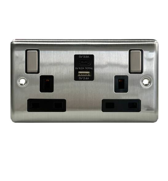 Thrion 13A 2 Gang Switched Socket with 1xUSB A & C Outlets Brushed Chrome with Black Insert
