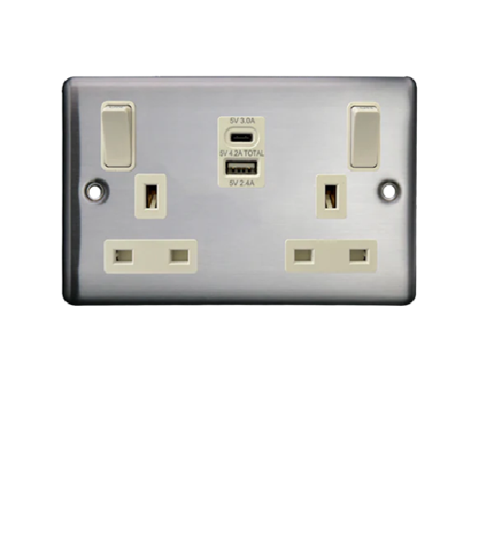 Thrion 13A 2 Gang Switched Socket with 1xUSB A & C Outlets Brushed Chrome with White Insert