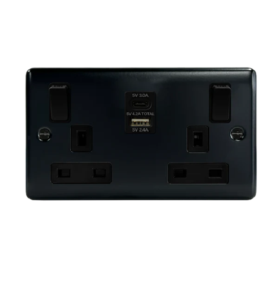 Thrion 13A 2 Gang Switched Socket with 1xUSB A & C Outlets Matt Black
