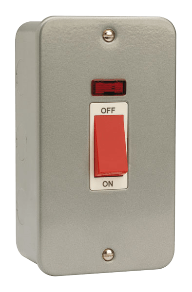 Click Essentials 45A 2 Gang DP Vertical Plate Switch with Neon Metal Clad with Back Box