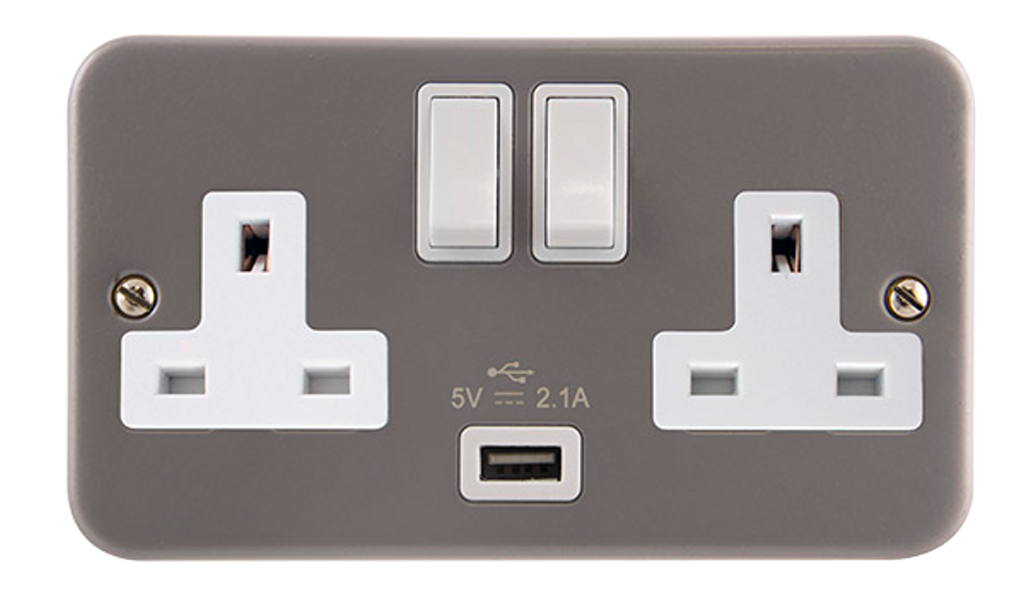 Click Essentials 13A 2 Gang Switched Socket with 1 x USB-A Outlet Metal Clad with Back Box