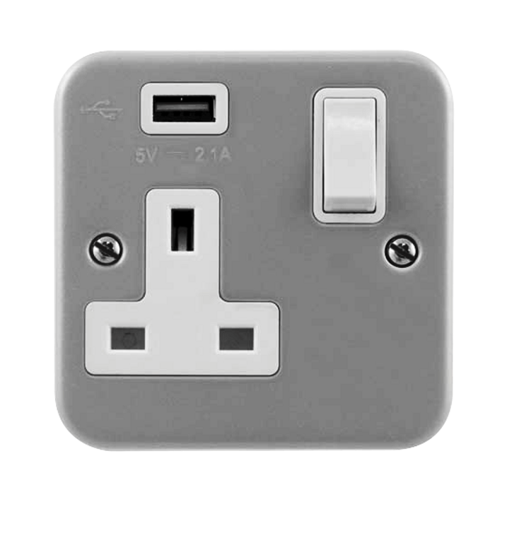 Click Essentials 13A 1 Gang Switched Socket with 1 x USB-A Outlet Metal Clad with Back Box